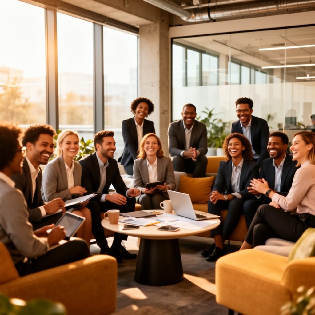 Equipe engajada em ambiente de colaboração corporativa